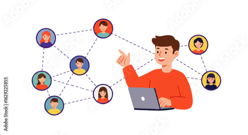 Smiling Man with Laptop Points to Network of Connected People.