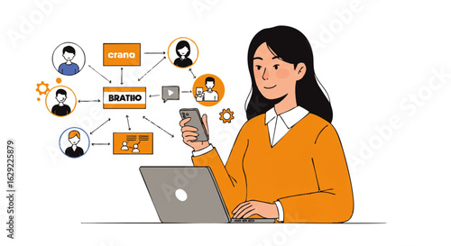 Smiling woman in an orange sweater multitasking with a laptop and smartphone at a desk.