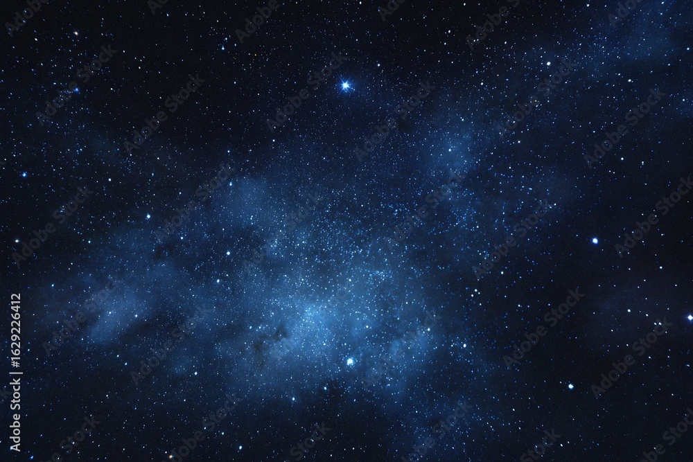 Fototapeta premium Starry sky background, blue night sky full of stars, glowing stars in the dark space, starry background, dark night, stars in the distance, starlight, dark background with a blue glow, night sky. 