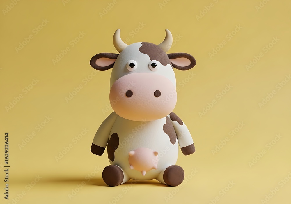 Fototapeta premium Charming 3D render of a seated toy cow with a claymation style on a solid yellow background.