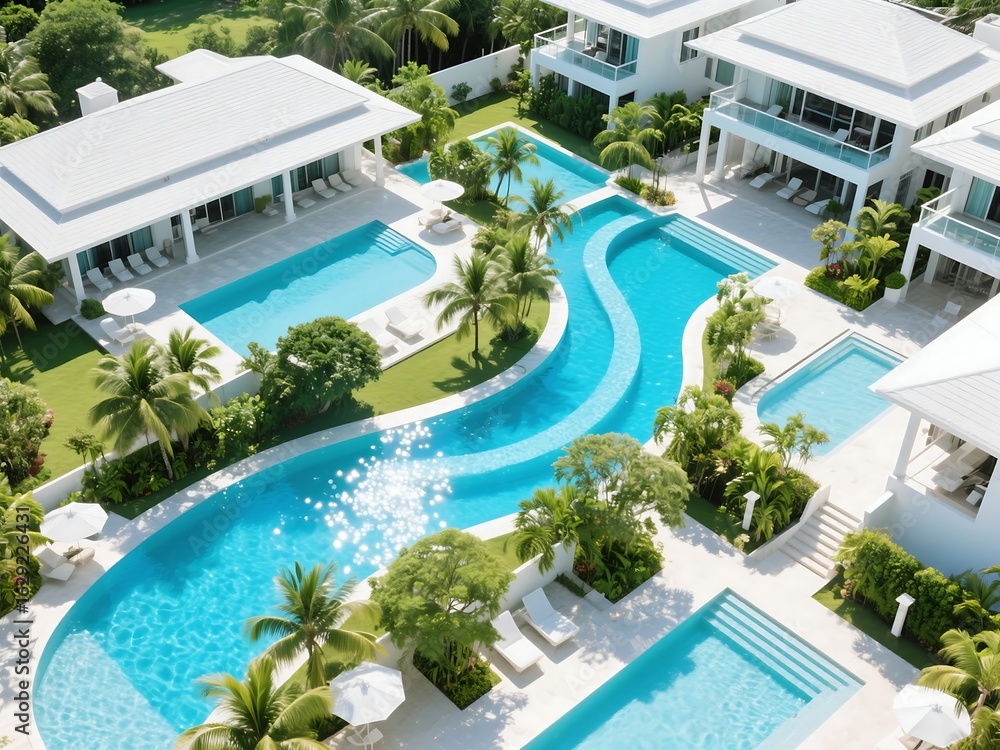 Fototapeta premium Indonesian Estate with Several Pools and a Lazy River