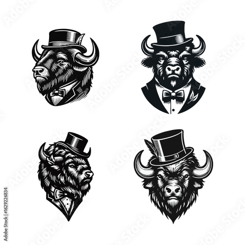 Bison Heads Collection Wearing Top Hats and Tuxedos