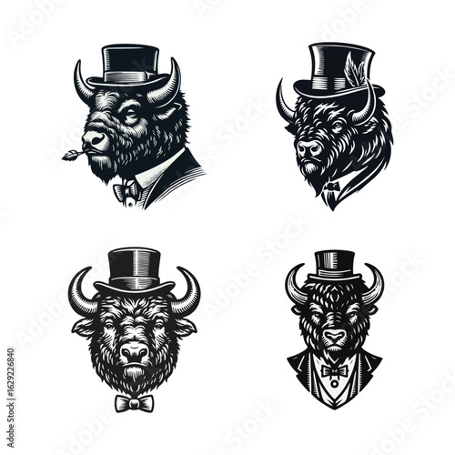 Buffalo Heads in Top Hats: Vector Illustration Set