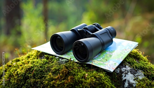 Binoculars on Top of a Map Set Against a Natural Green Background