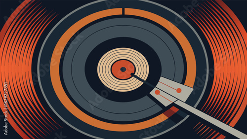 A closeup of the record spinning reveals the intricate patterns of grooves etched onto its glossy surface. Vector illustration