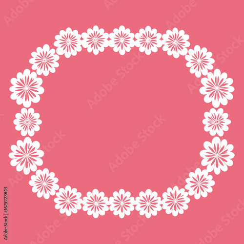 Oval floral border with white flowers on a pink background