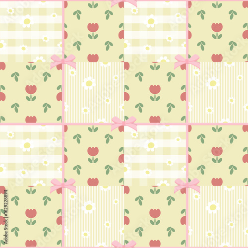 Vector pattern of fabric, wallpaper, gift wrap, mats and bed sheets. Continuous and repeatable pattern designed with daisies and tulips on a plaid, striped background with bows. Cute style.