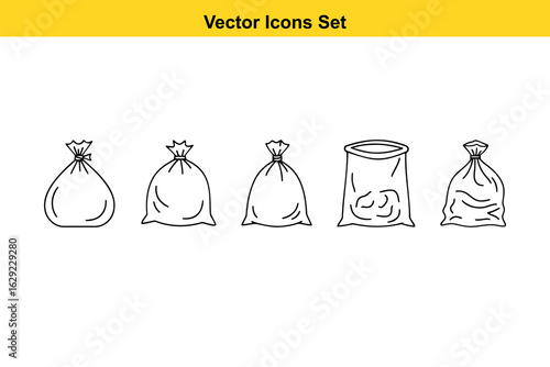 Simple Line Art vector Icons: Five Empty and Full Trash Bags, Waste Disposal, Recycling Concept