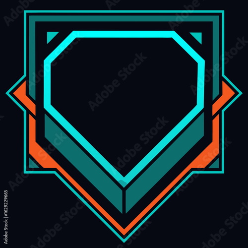Geometric teal and orange emblem on black background