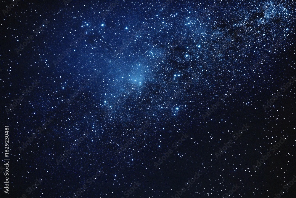 Fototapeta premium Starry sky background, blue night sky full of stars, glowing stars in the dark space, starry background, dark night, stars in the distance, starlight, dark background with a blue glow, night sky.