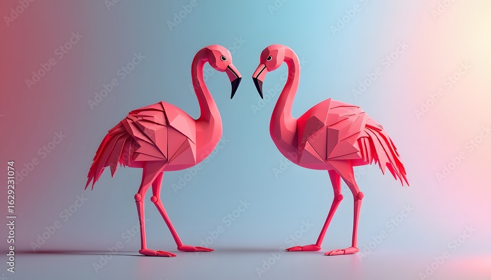 Fototapeta premium Two pink origami flamingos forming a heart shape