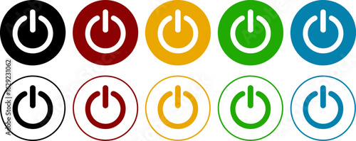 Collection of ten power button icons in black and white circles