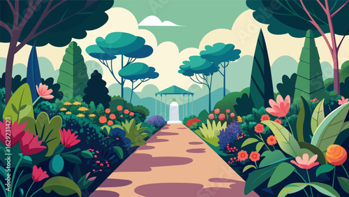 A gentle stroll through a botanical garden surrounded by beautiful flowers and plants known for their calming effects on the mind.. Vector illustration