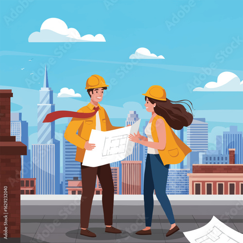 Two smiling architects review blueprints on a rooftop, overlooking a cityscape on a bright sunny day, showcasing collaboration and urban planning.