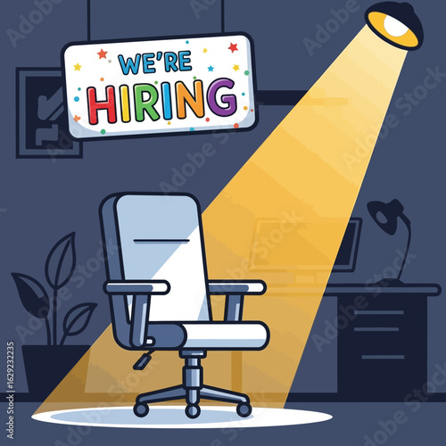 An empty office chair is illuminated by a bright spotlight, with a colorful "We're Hiring" sign indicating new job opportunities.