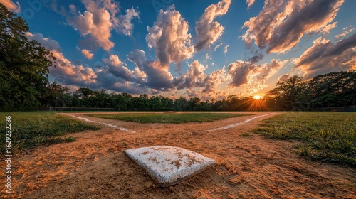 Fototapeta Naklejka Na Ścianę i Meble -  Home plate at sunset on a baseball field
