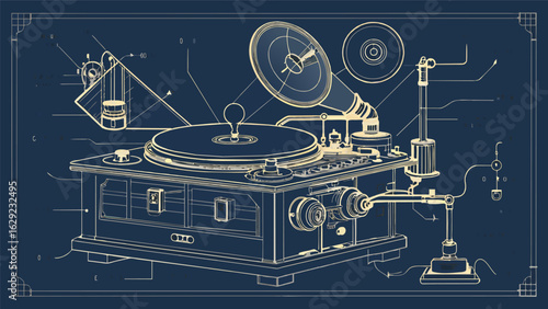 A detailed sketch of a record player patent from the 1910s featuring annotations and notes from the original inventor. Vector illustration