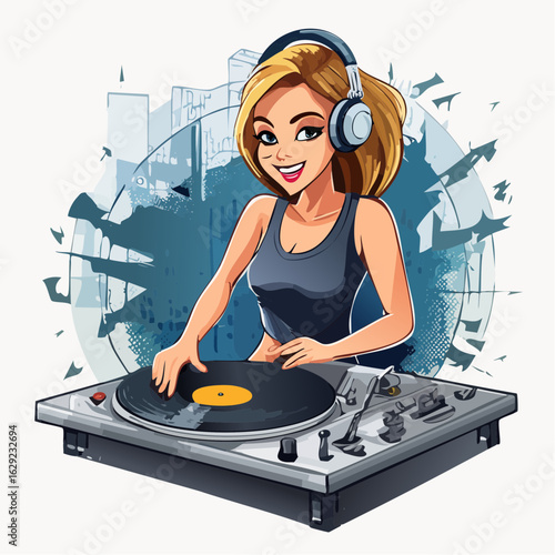 Cartoon-style vector of a DJ scratching vinyl records on a turntable, urban graffiti background, hip-hop street culture theme