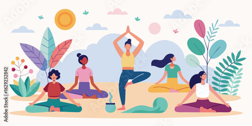 Vector art of a fun cartoon woman practicing yoga in the lotus position on a summer beach