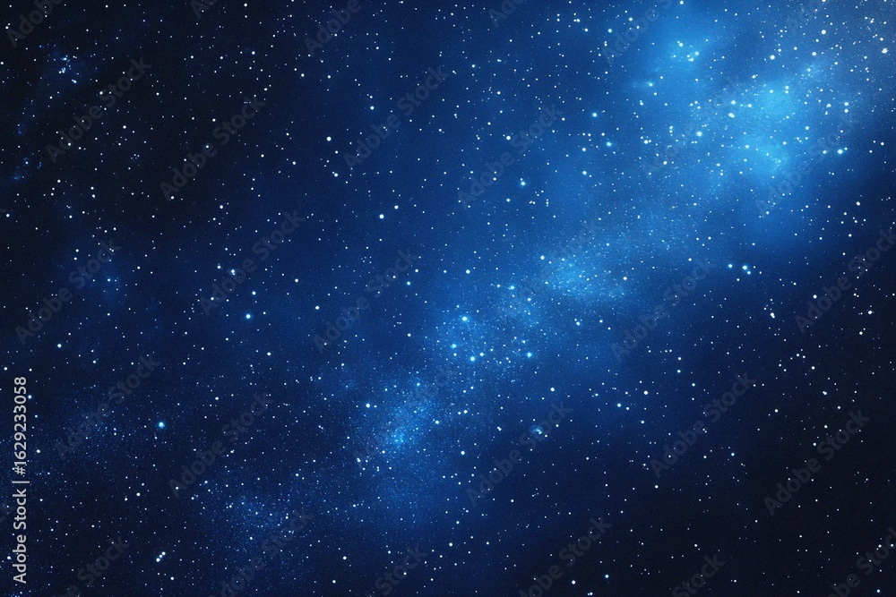 Fototapeta premium Starry sky background, blue night sky full of stars, glowing stars in the dark space, starry background, dark night, stars in the distance, starlight, dark background with a blue glow, night sky. 