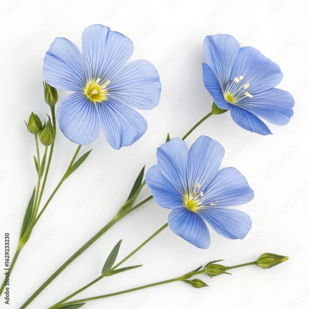Fototapeta premium 3d delicate blue flax flowers on white background