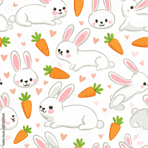 Minimalist vector pattern of bunny faces nibbling on carrots, clean lines, white background, modern Scandinavian nursery style