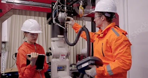 Two male engineers collaborate on robotic system diagnostics while inspecting cables and control module during automation training session in factory robotics lab for hands-on maintenance practice