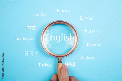 Magnifier focus to english language translation or translate on worldwide language conversation speaking concept.
