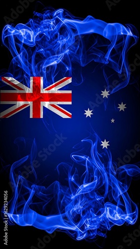 Australian flag depicted in blue smoke, dark background