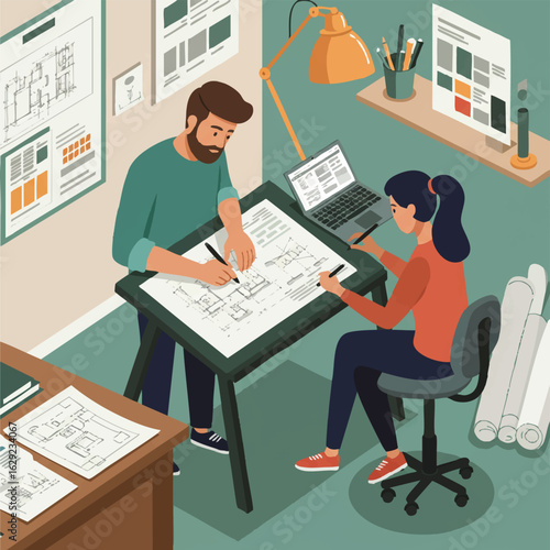 Two architects collaborate on a building plan, using a digital drafting table and laptop in a modern, brightly lit office space, surrounded by blueprints.