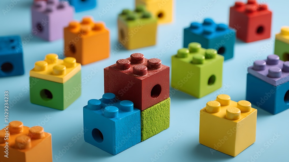 Obraz premium Building Colorful Toy Blocks on Blue Background