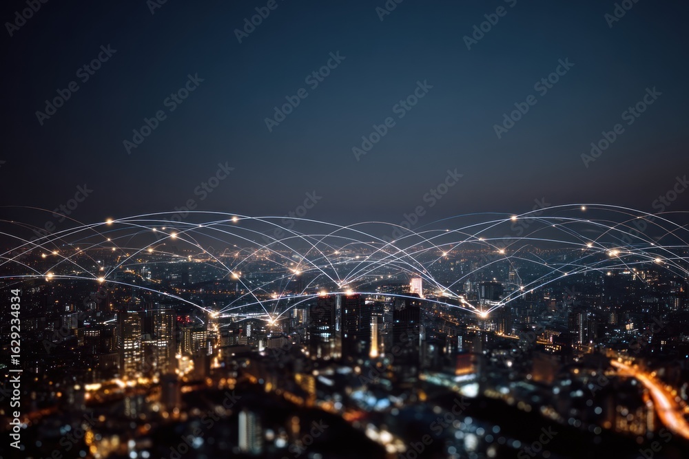 Fototapeta premium Luminous Digital Network Arcs Connecting a Sprawling Metropolis at Night