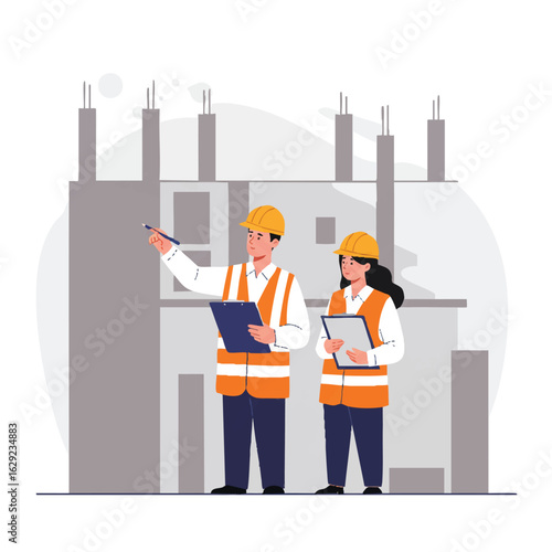 Two diligent construction professionals, a man and a woman, meticulously inspect a new building site, ensuring project progress and safety standards are met.