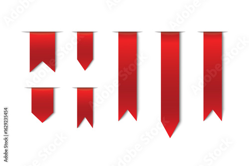 Collection of vertical red ribbon tails in various shapes.