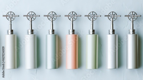 Pastel Dispensers Row, Studio Shot, Clean Background, Mockup