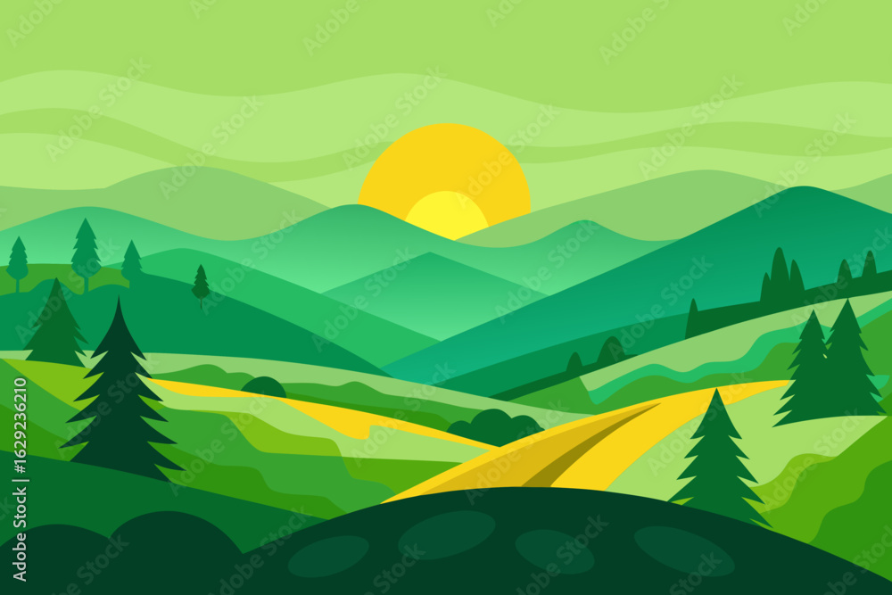 Fototapeta premium Stylized green rolling hills landscape with a bright sun rising