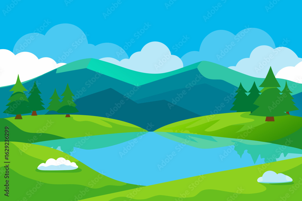 Obraz premium Peaceful mountain landscape with a calm lake and green hills