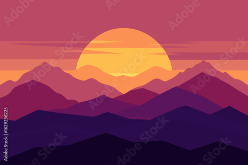 Vibrant sunset over layered mountains in flat design style