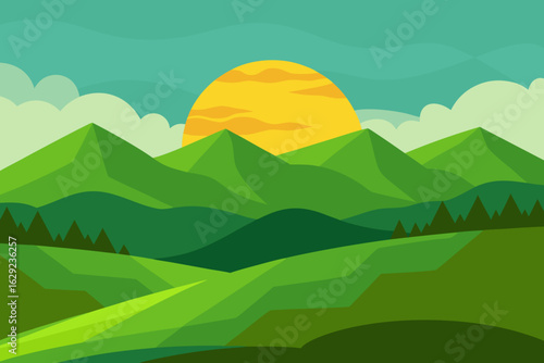Stylized green mountain landscape with a bright sun rising