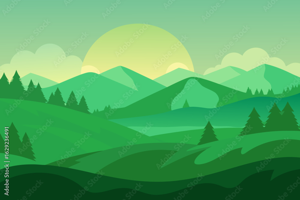 Fototapeta premium Stylized green mountain landscape with a sunrise