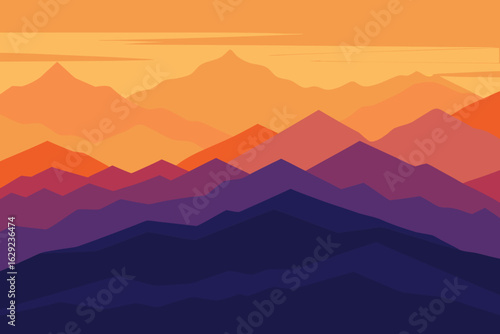 Vibrant mountain range silhouette at sunset with layered peaks