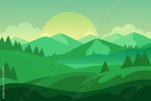 Stylized green mountain landscape with a sunrise