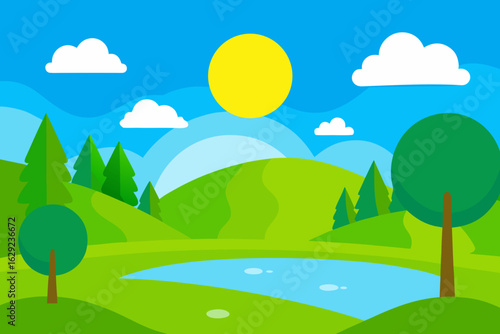 Vibrant cartoon landscape with rolling green hills a blue pond trees and a bright sun