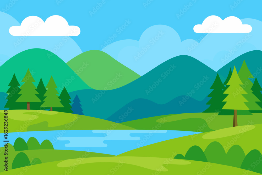 Obraz premium Vibrant flat design landscape with rolling hills and a serene lake