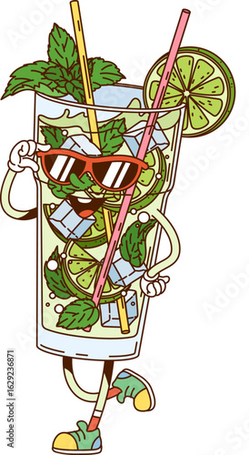 Mojito cocktail drink retro groovy character. Summer cocktail cute groovy 80s vector mascot, mojito drink cheerful personage. Cold beverage with lemon, mint and ice happy character wearing sunglasses