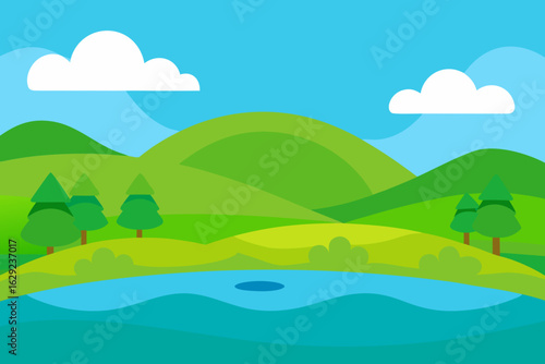 Vibrant cartoon landscape with rolling green hills and a calm blue lake