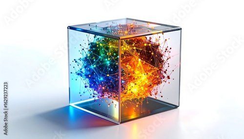 Glass cube with colorful energy particles, symbolizing quantum computing and technology.