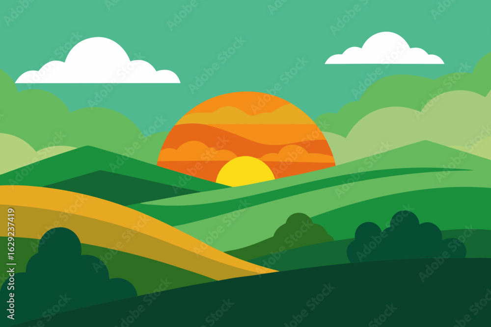 Fototapeta premium Stylized landscape with rolling green hills and a vibrant sunset