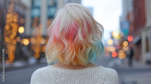 Back view of a woman with colorful, wavy hair in a city street