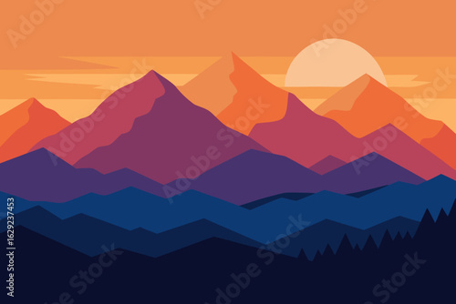 Vibrant mountain range at sunset with a large sun disk